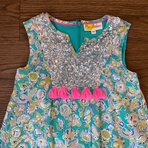 Mini Boden Sequin Dress Teal Pink Floral Size 7 8